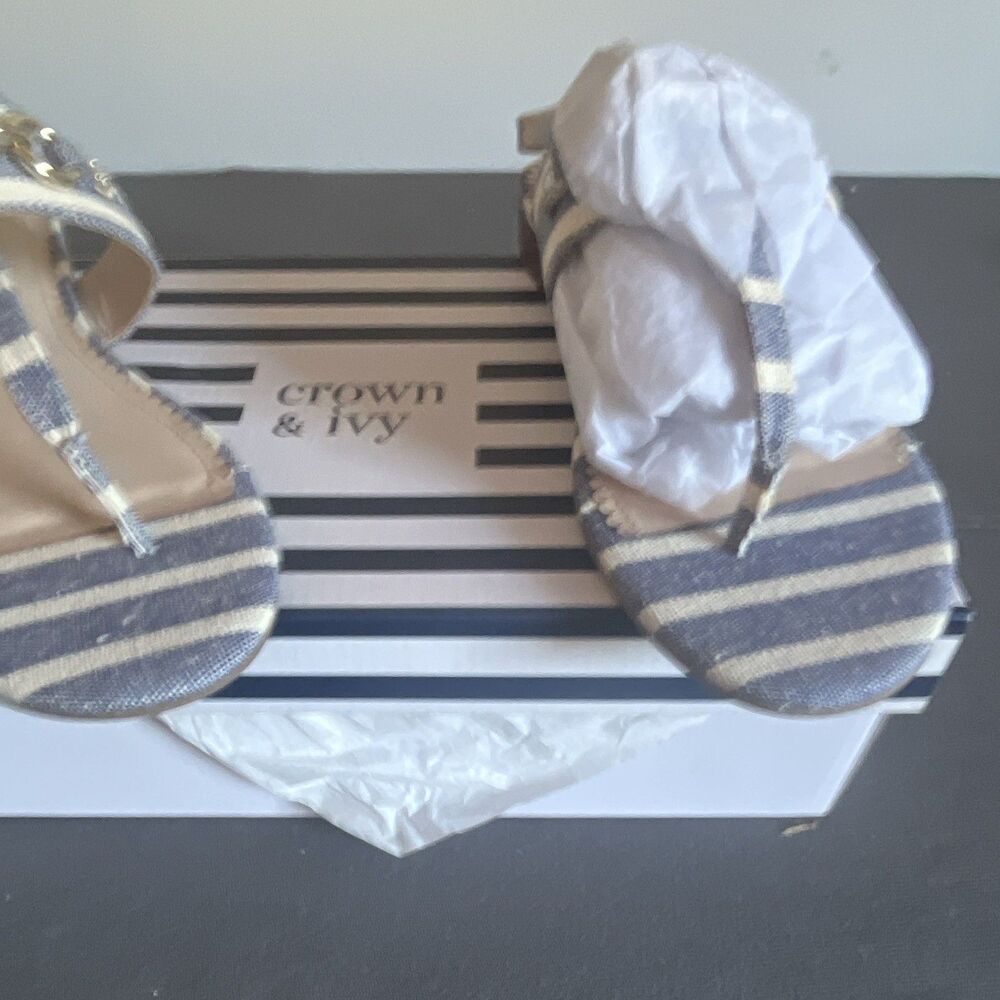 Crown & Ivy Women’s Striped Chain Ankle Strap Buckle Strappy Sandals 7.5M NWT